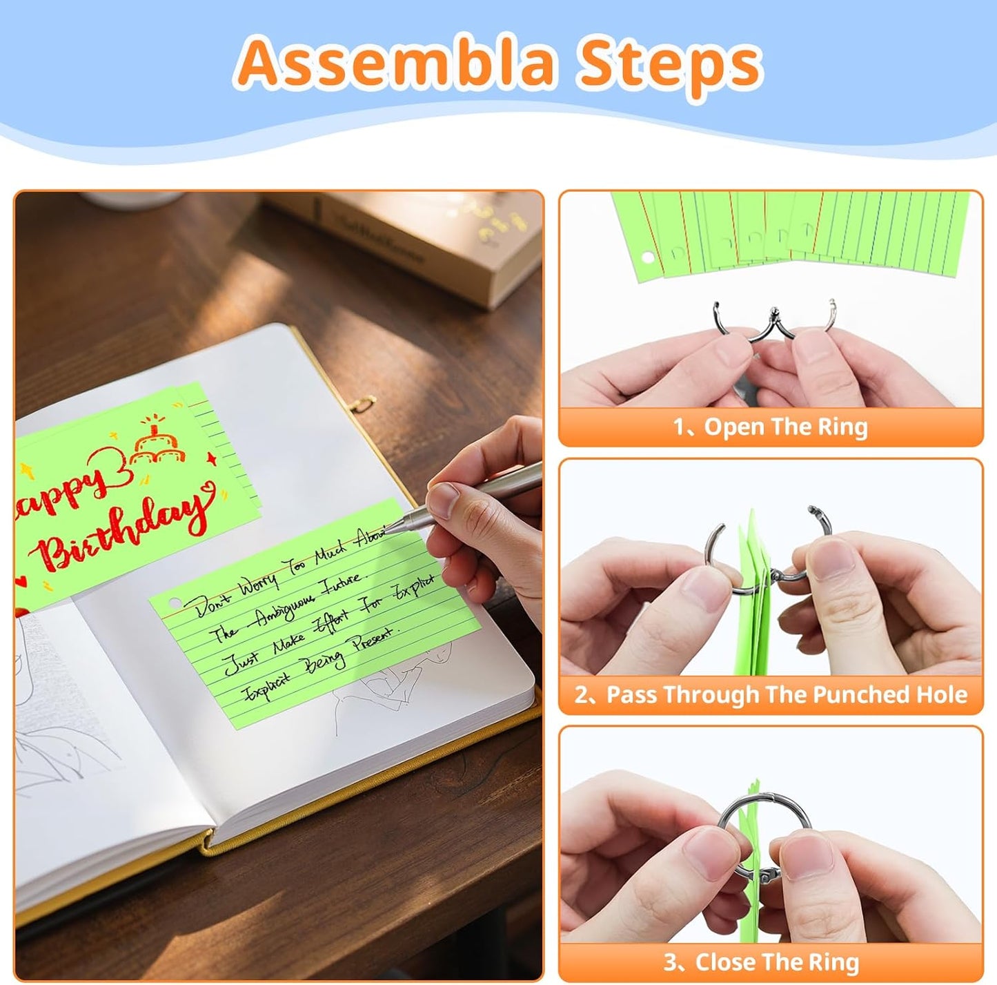 Index Cards 3x5 Inches, 300 PCS, Colored Flash Cards With Ring, Punched Lined Study Card Ruled Flashcards Notecards, Ruled Front And Blank Back, Note Card for School, College And Home