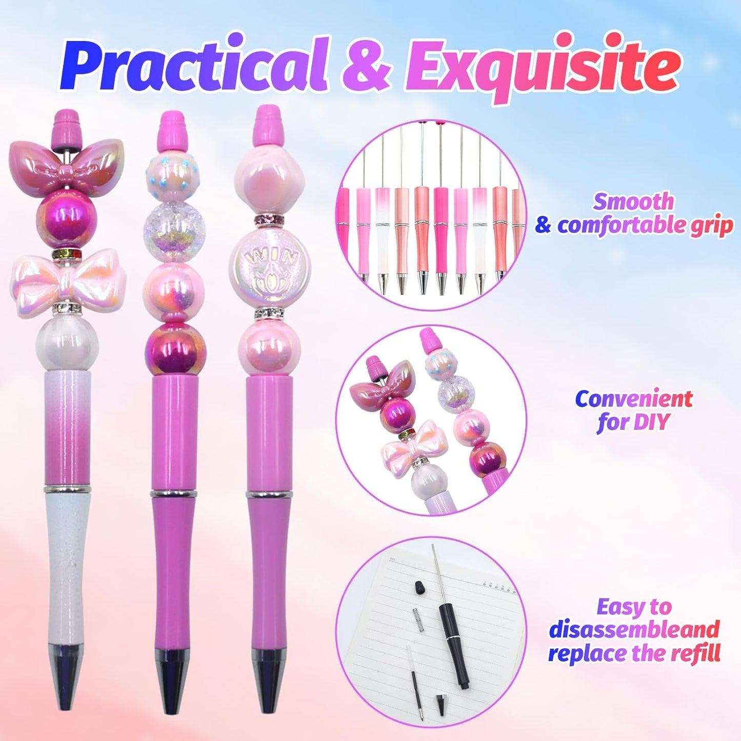 150 Pieces DIY Beadable Pen Kit – 50 Plastic Ballpoint Pens with Refills & Bags, Beads Not Included – School Supplies, Office Accessories & Craft Gifts for Students & Teachers (Multicolor)