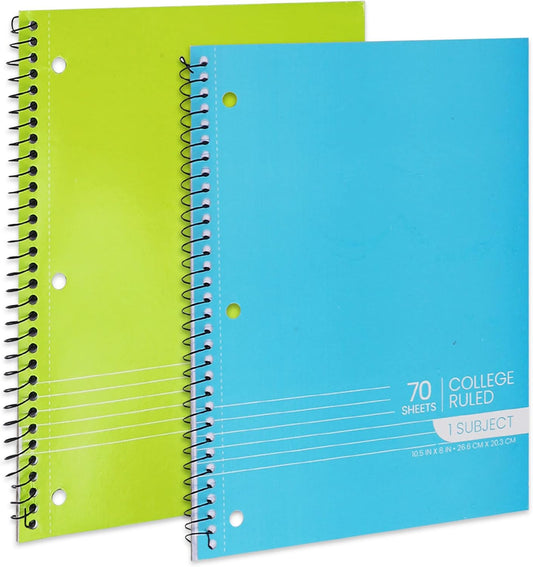 College Ruled Spiral Notebooks Bulk 1-Subject Notebook - 70 Sheets - 3 Hole Punched, Subject Notebooks for Binders, School Classroom Note Books - Perforated Pages, Assorted Colors - (Bulk - 48 Pack)