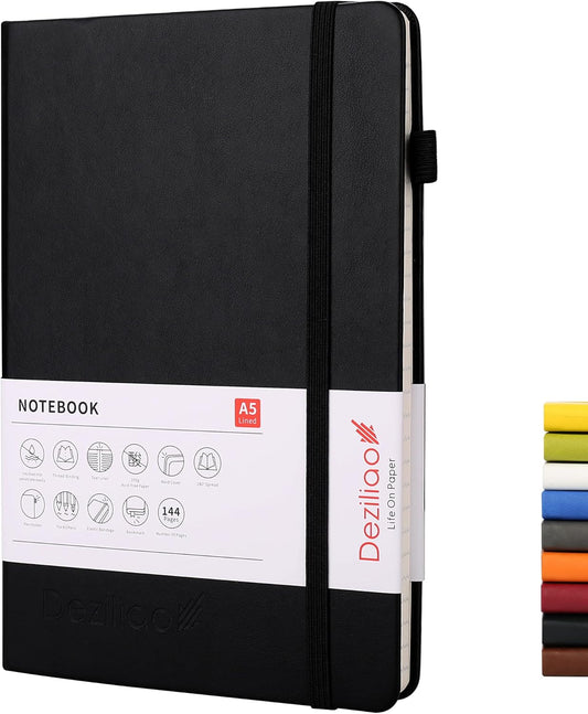 Deziliao Lined Journal Notebooks with Pen Loop, Hardcover Notebook Journal for Work, 100Gsm Premium Thick Paper with Inner Pocket, Medium 5.7"x8.4", （Black, Ruled）