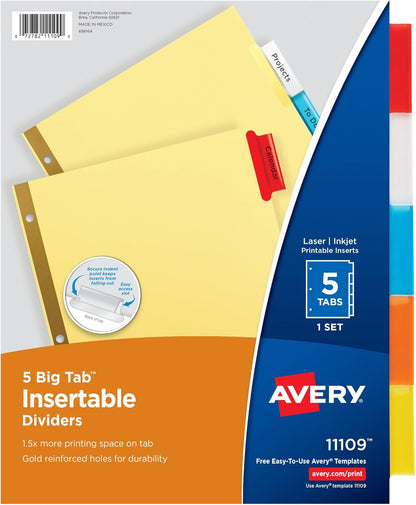 Avery Binder Dividers - 5-Tab Insertable Multicolor Big Tabs for Binders, 1 Set of Dividers (11109)