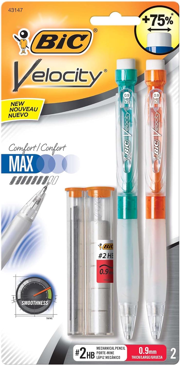 BIC® Velocity Max Mechanical Pencils, Thick Point, 0.9 mm, #2 HB Lead, Assorted Barrel Colors, Pack Of 2