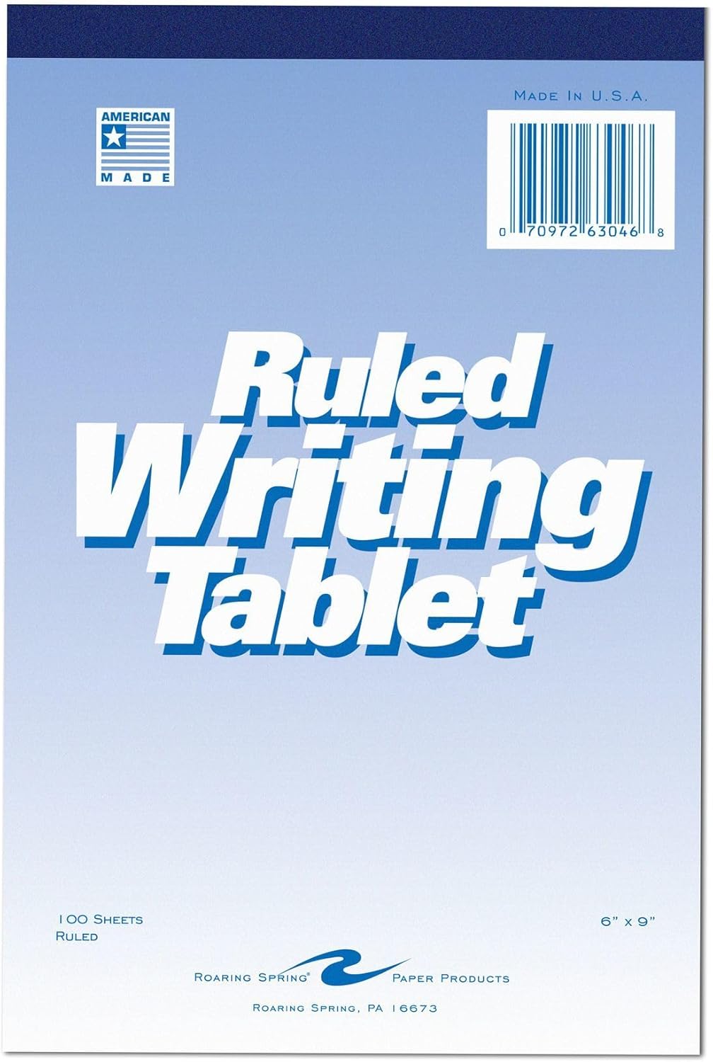 Roaring Spring 6"x9" Writing Tablet, 100 Sheets 15# White Paper, Wide Ruled, Heavy Back Board, Top Edge Bound