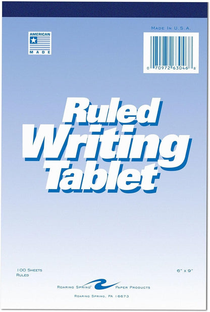 Roaring Spring 6"x9" Writing Tablet, 100 Sheets 15# White Paper, Wide Ruled, Heavy Back Board, Top Edge Bound