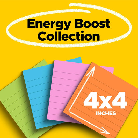 Post-it Super Sticky Notes, 4 Lined Sticky Note Pads, 4 x 4 in., School Supplies, Office Products, Sticky Notes for Vertical Surfaces, Monitors, Walls and Windows, Simply Serene Collection