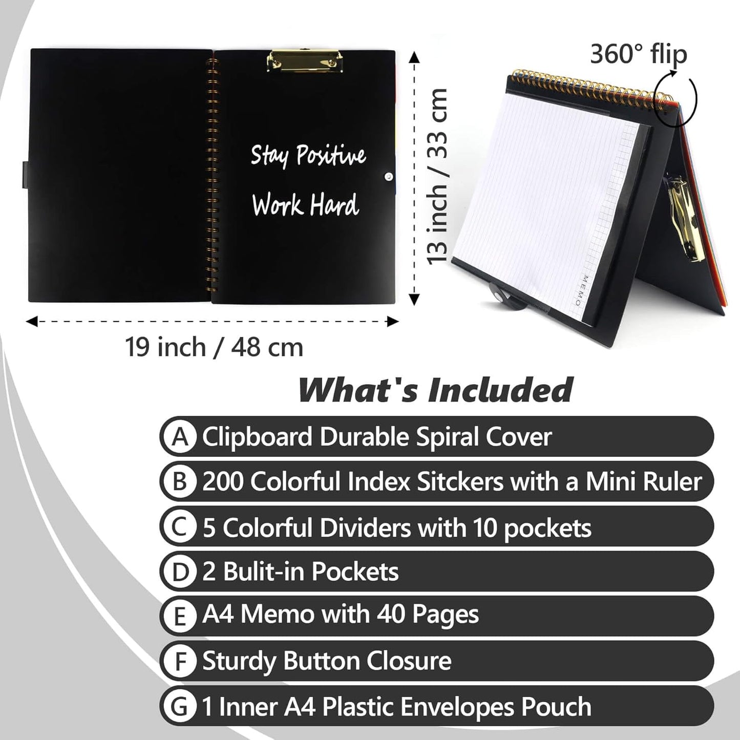 Clipboard Folio with Notepad, Multifunctional Clipboard Folder with Storage, 5 Folders with 11 Pockets, Waterproof Organizer with Refillable Notepad 40 Pages, Lightweight, Button Closure (Macron Pink)