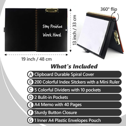 Clipboard Folio with Notepad, Multifunctional Clipboard Folder with Storage, 5 Folders with 11 Pockets, Waterproof Organizer with Refillable Notepad 40 Pages, Lightweight, Button Closure (Macron Pink)