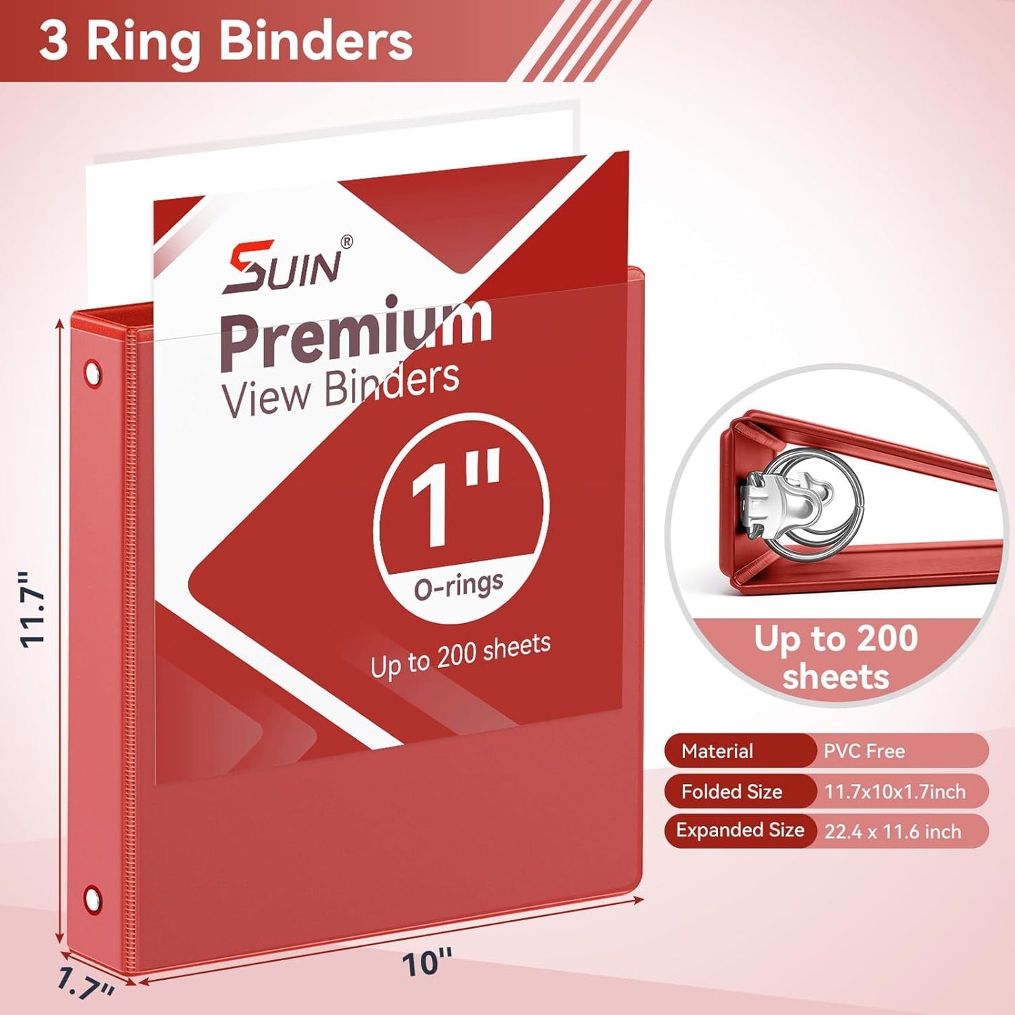 SUIN 1 Inch 3 Ring Binder, Clear 1'' View Presentation Binders with 2 Pockets, Fits 8.5 x 11 Letter Size, Durable Polypropylene, Non-Stick & PVC-Free for School, Office & Home (Orange)