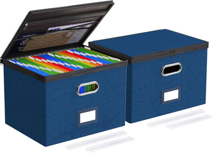Oterri 2 Pack File Organizer Boxes with Lids, File Box with Mesh Pockets, Document Organizer Box for File Folders Letter Size, Zippers Filing Box for Home, Office, School (Green, Without Folders)
