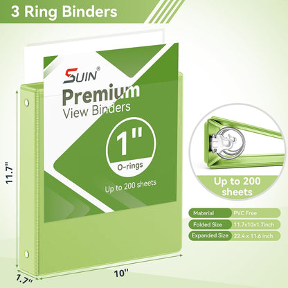 SUIN 1 Inch 3 Ring Binder, Clear 1'' View Presentation Binders with 2 Pockets, Fits 8.5 x 11 Letter Size, Durable Polypropylene, Non-Stick & PVC-Free for School, Office & Home (Orange)