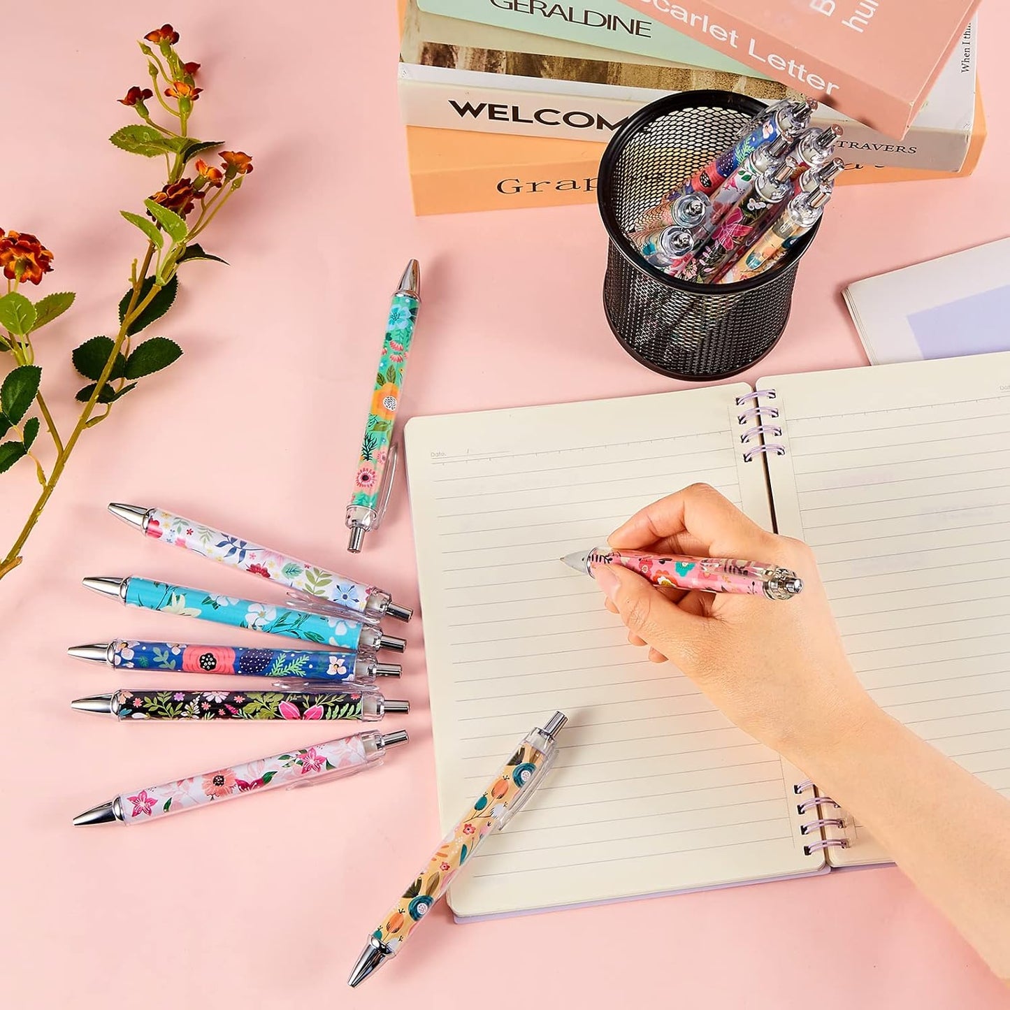 Ireer 8 Pcs Ballpoint Pens for Women 1.00 mm Cute Black Ink Pens Fine Point Smooth Writing for Journaling Aesthetic Office Supplies (Mahjong)