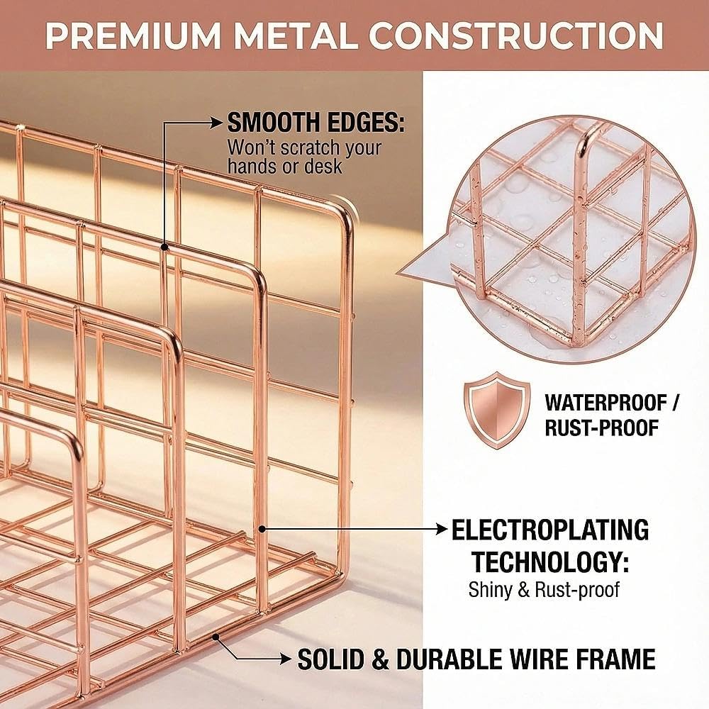 Simmer Stone Gold Letter Sorter Organizer for Desk, Premium Plated Metal Mail Holder with 3 Upright Slots, Ultra-Stable & Non-Wobbling Desktop Organizer for Envelopes, Documents, Palettes 9.5“ x 4.7 ”