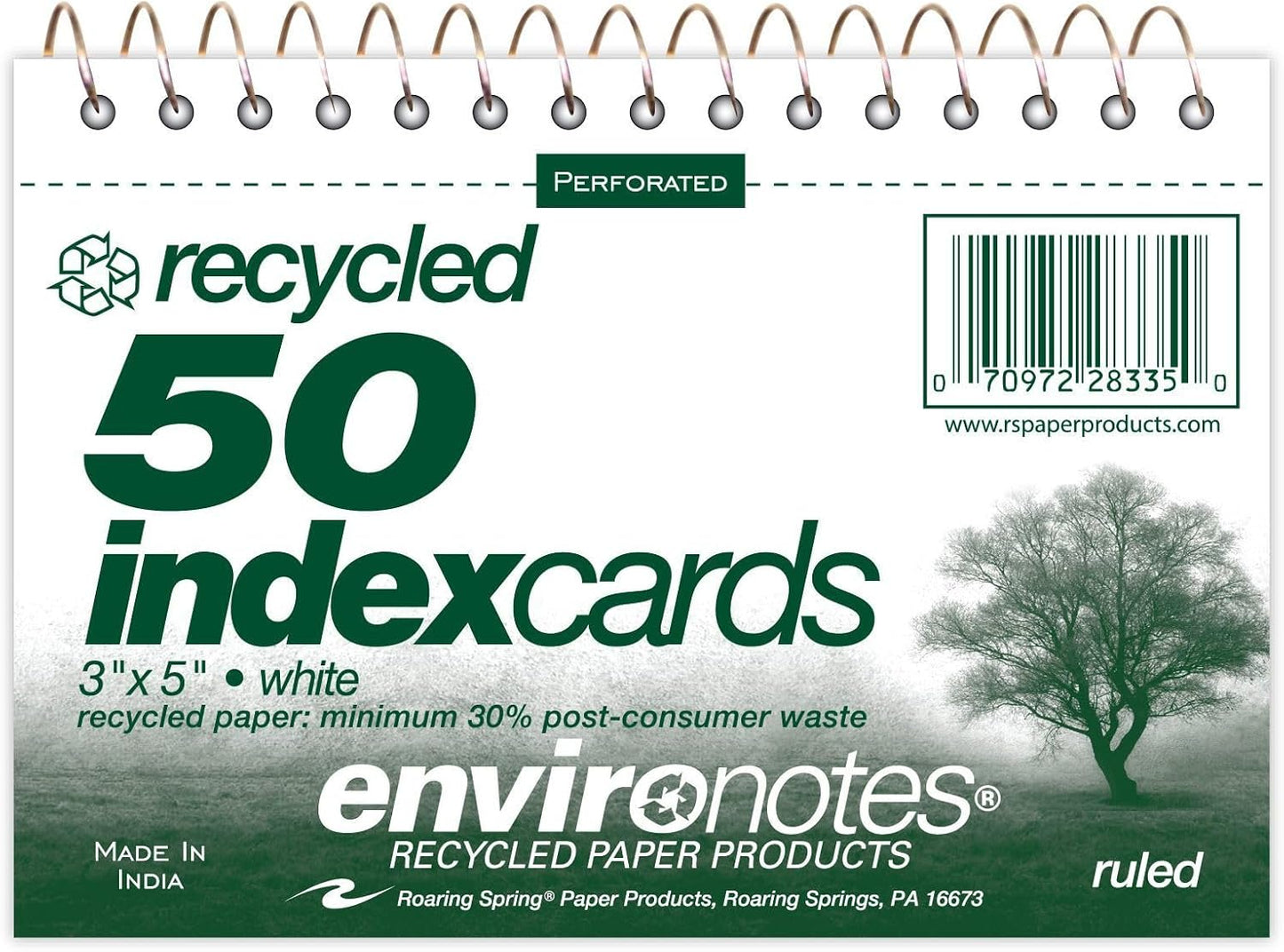 Roaring Spring Wirebound Spiral Bound Recycled Index Cards 3"x5", 50 Count, 100# White Paper, Narrow Ruled, Perforated, Blank on Back, Snag-proof (Pack of 1)