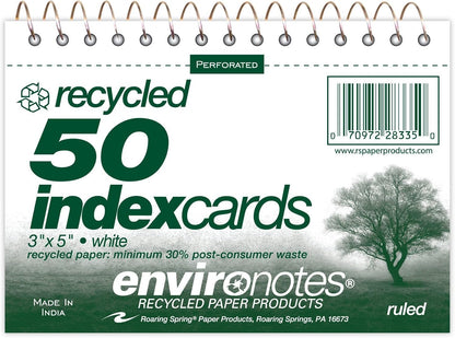 Roaring Spring Wirebound Spiral Bound Recycled Index Cards 3"x5", 50 Count, 100# White Paper, Narrow Ruled, Perforated, Blank on Back, Snag-proof (Pack of 1)