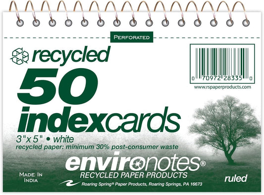 Roaring Spring Wirebound Spiral Bound Recycled Index Cards 3"x5", 50 Count, 100# White Paper, Narrow Ruled, Perforated, Blank on Back, Snag-proof (Pack of 1)