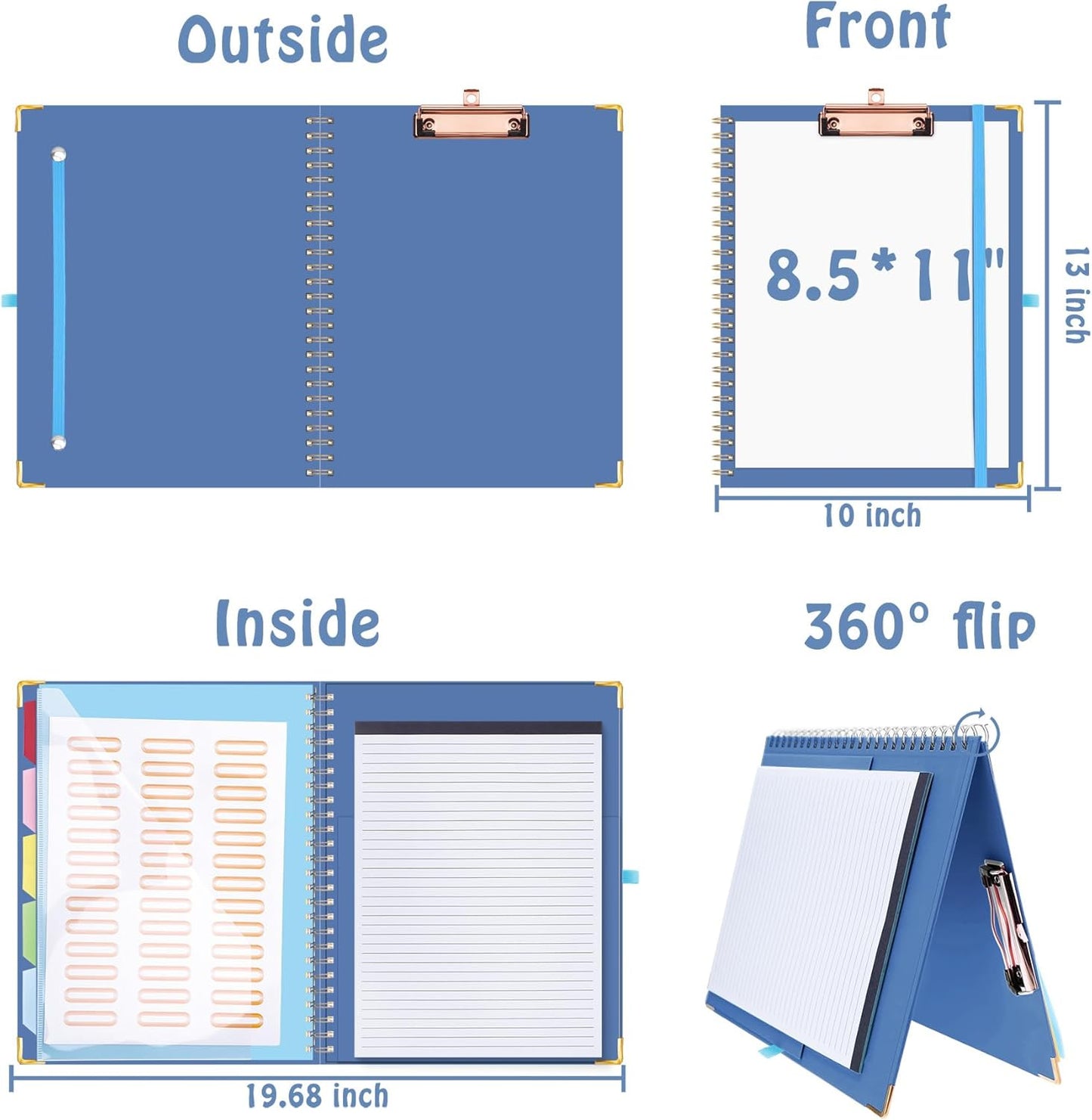 HAUTOCO Clipboard Folio with Refillable Notepad for Letter Size (11" x 8.5"), 5 Dividers with 10 Pockets, Elastic Pen Holder and File Folder Labels, Spiral Nurse Clipboard Artboard(Green)