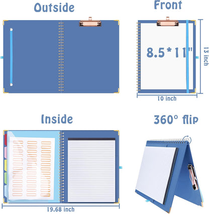 HAUTOCO Clipboard Folio with Refillable Notepad for Letter Size (11" x 8.5"), 5 Dividers with 10 Pockets, Elastic Pen Holder and File Folder Labels, Spiral Nurse Clipboard Artboard(Green)