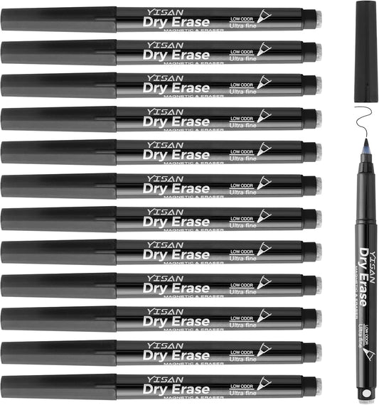 YISAN Dry Erase Markers Ultra Fine Tip,0.7mm Extra Fine Point, Magnetic Whiteboard Markers with Eraser,Assorted Colors,Low Odor,12 Count,70566