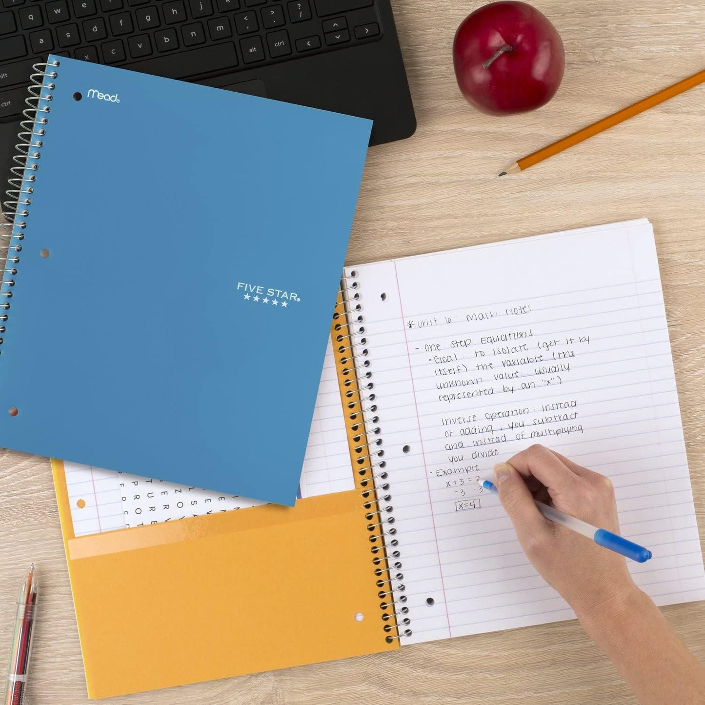 Five Star Spiral Notebook, 5 Subject, Wide Ruled Paper, Fights Ink Bleed, Water Resistant Cover, 8" x 10-1/2", 200 Sheets, Color Will Vary (05206)