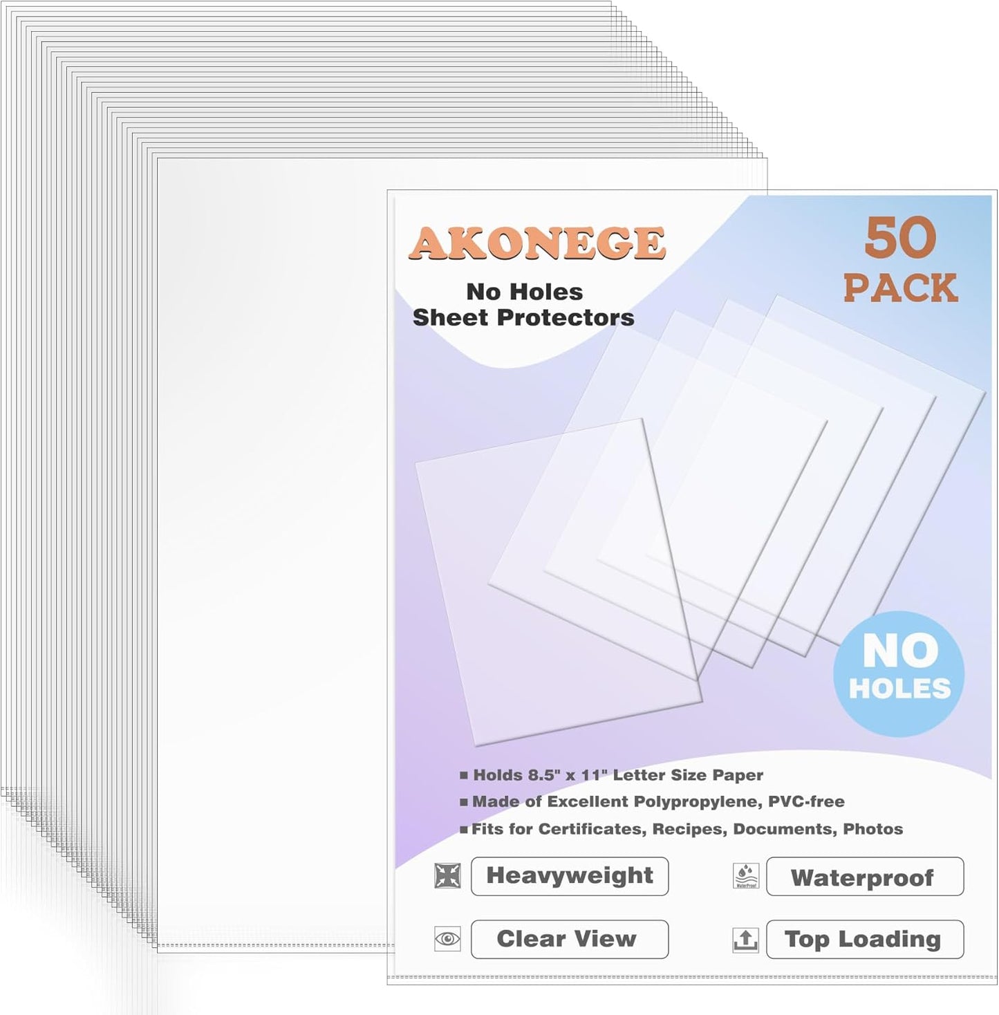 AKONEGE 50 Pack No Holes Sheet Protectors 8.5 x 11 Inch Letter Size Page Protectors for Documents, Prints, Top Loading Heavyweight Clear View Plastic Sleeves for Papers, Artworks, Photos
