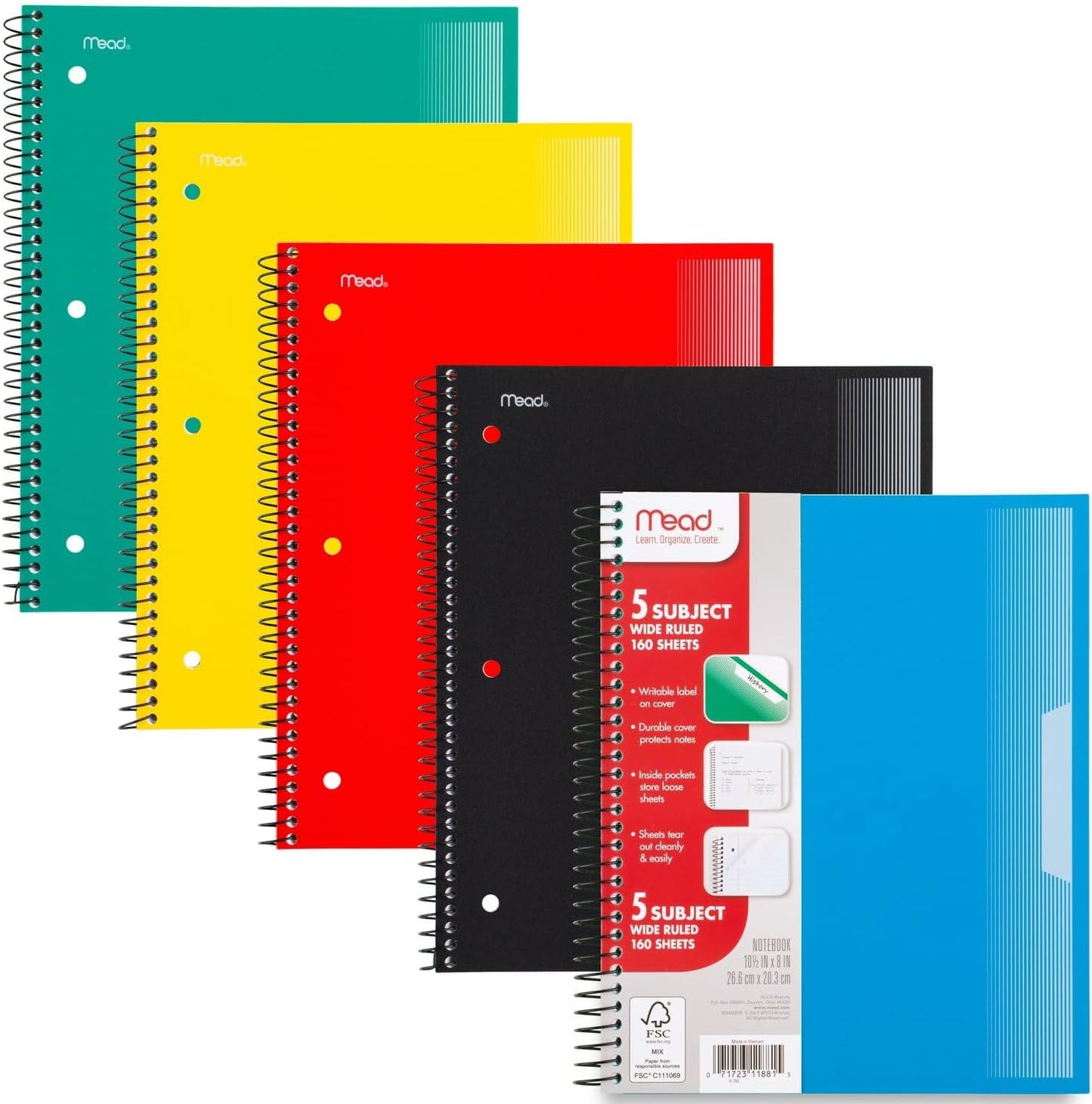 Mead Spiral Notebooks, 1 Subject, Wide Ruled Paper, 8" x 10-1/2", 100 Sheets, Assorted Colors, 5 Pack (930093)