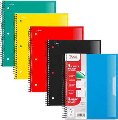 Mead Spiral Notebooks, 1 Subject, Wide Ruled Paper, 8" x 10-1/2", 100 Sheets, Assorted Colors, 5 Pack (930093)