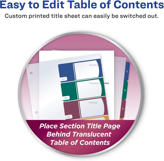 Avery Plastic 5 Tab Binder Dividers, Customizable Table of Contents, Multicolor Tabs, 1 Set (11816)