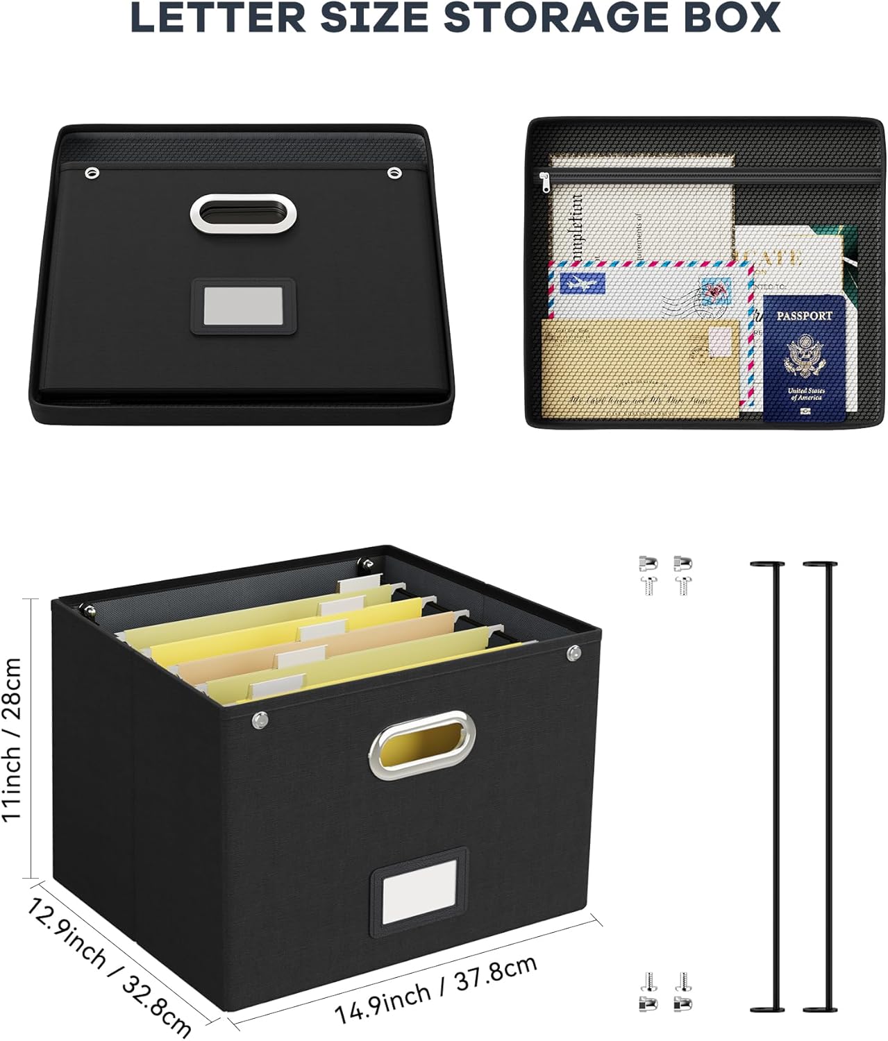 Oterri File Organizer Box with Lid, Hanging Filing File Box with Mesh Pocket, Document Organizer Box for Letter Files, Portable Storage Box with Smooth Sliding Rail for Office&Home (1 PCS, Beige)