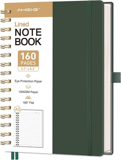 AHGXG Spiral Journal Notebook, 160 Lined Pages, A5 Medium Size (5.7'' x 8.3''), for Men & Women, Journaling, Writing, Work & Office, Hardcover, 100 GSM Thick Paper (Light Green)