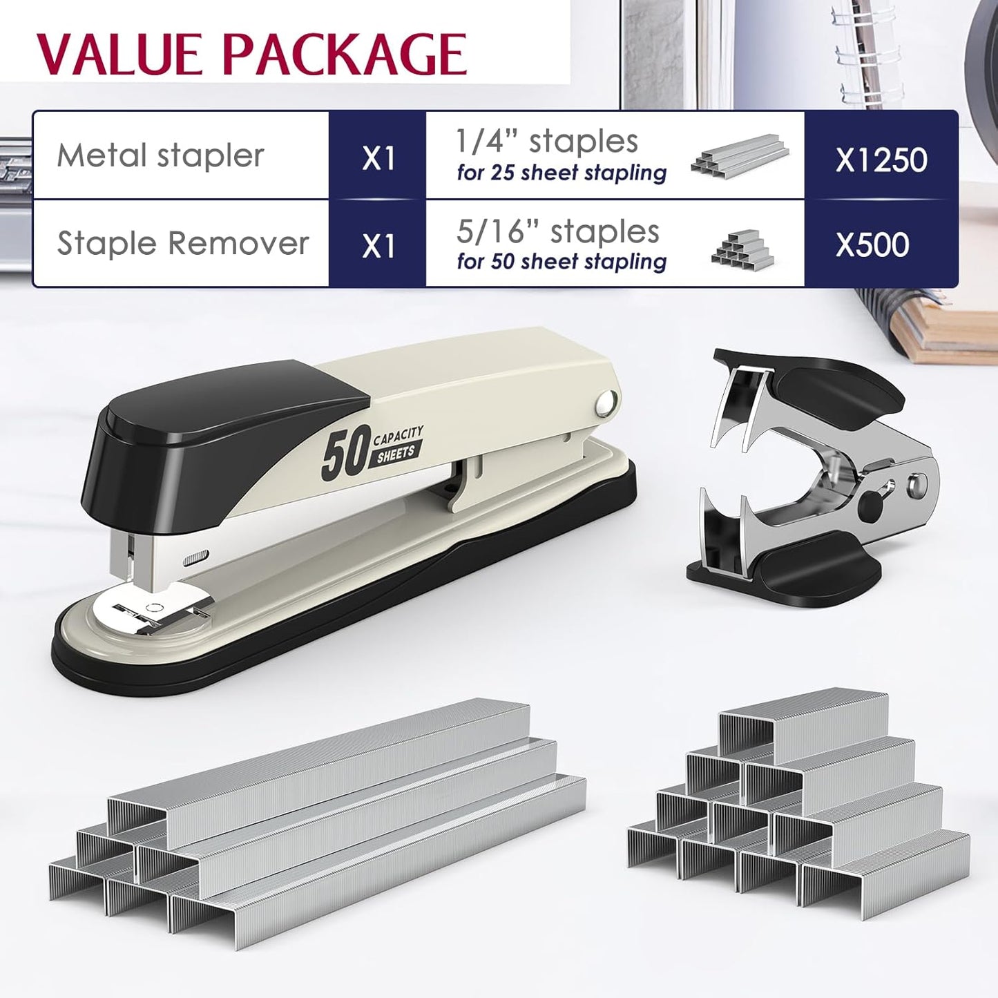 Metal Stapler Heavy Duty 50 Sheet Capacity with 1750 Staples and Staple Remover, Full Strip Staplers for Desk, No Jam, Non-Slip for Office & Classroom, Black