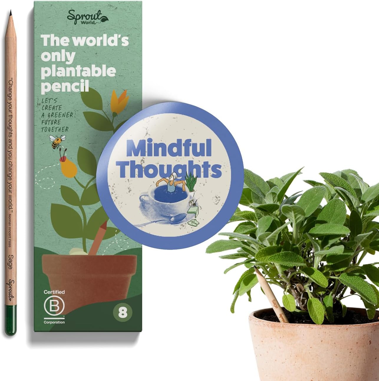 SproutWorld Wood-Cased Pencils | Mindful Thoughts Edition | HB Pre-Sharpened Graphite Plantable Wooden Pencils with Flower, Herb & Vegetable Seeds | Gift with Inspirational Quotes | 8 Pack