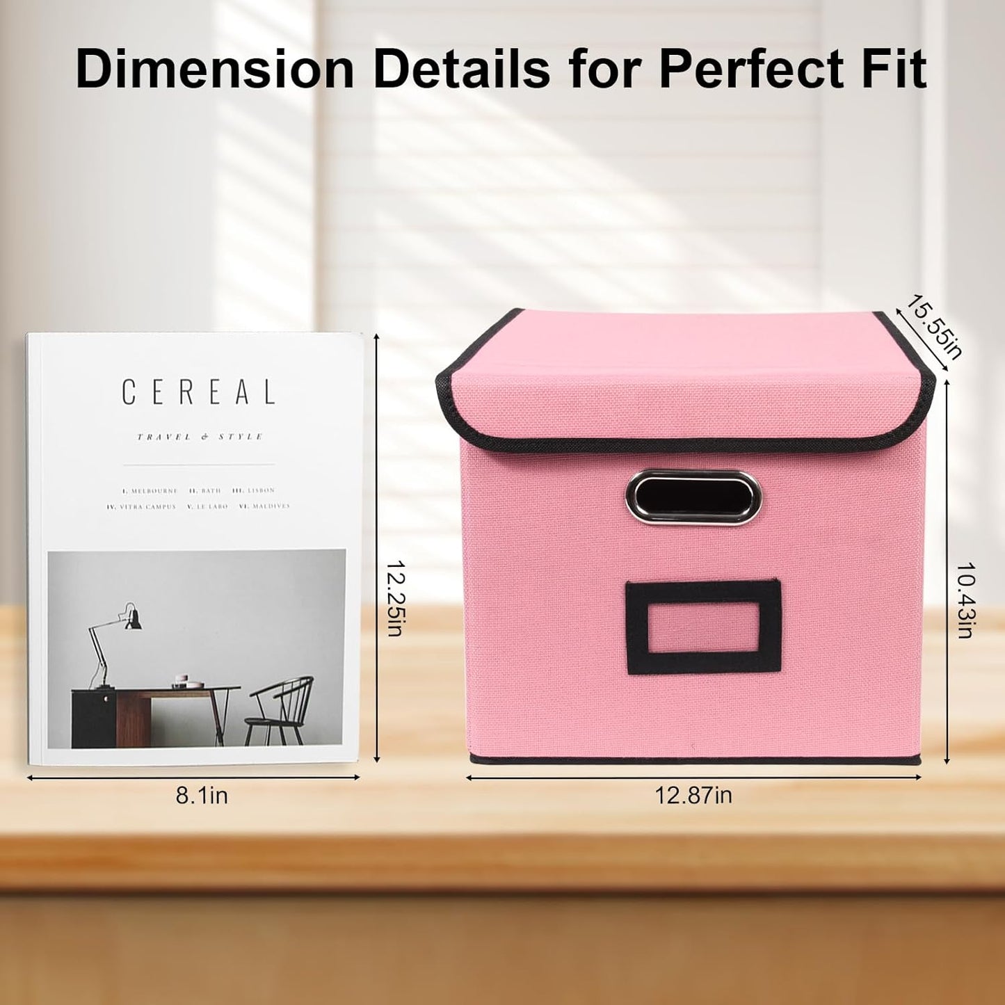 File Storage Box with Lid, 15.55x12.87x10.43 Inches, Foldable Organizer with Handles & Label Slot, for File Storage, Home, Office, and Closet Organization(Pink)