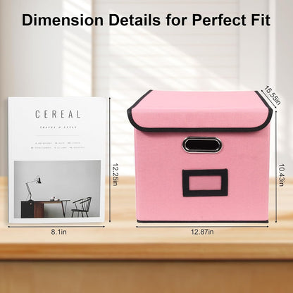File Storage Box with Lid, 15.55x12.87x10.43 Inches, Foldable Organizer with Handles & Label Slot, for File Storage, Home, Office, and Closet Organization(Pink)