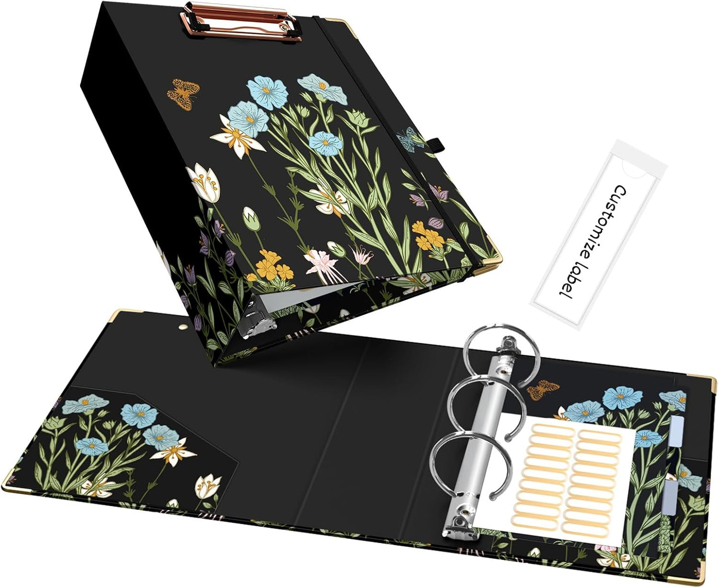 Ospelelf Binder 3 Ring 1 Inch, Floral Round Ring Clipboard Binder for Letter Size with 5 Tab Dividers, File Folder Labels, for School and Office Supplies