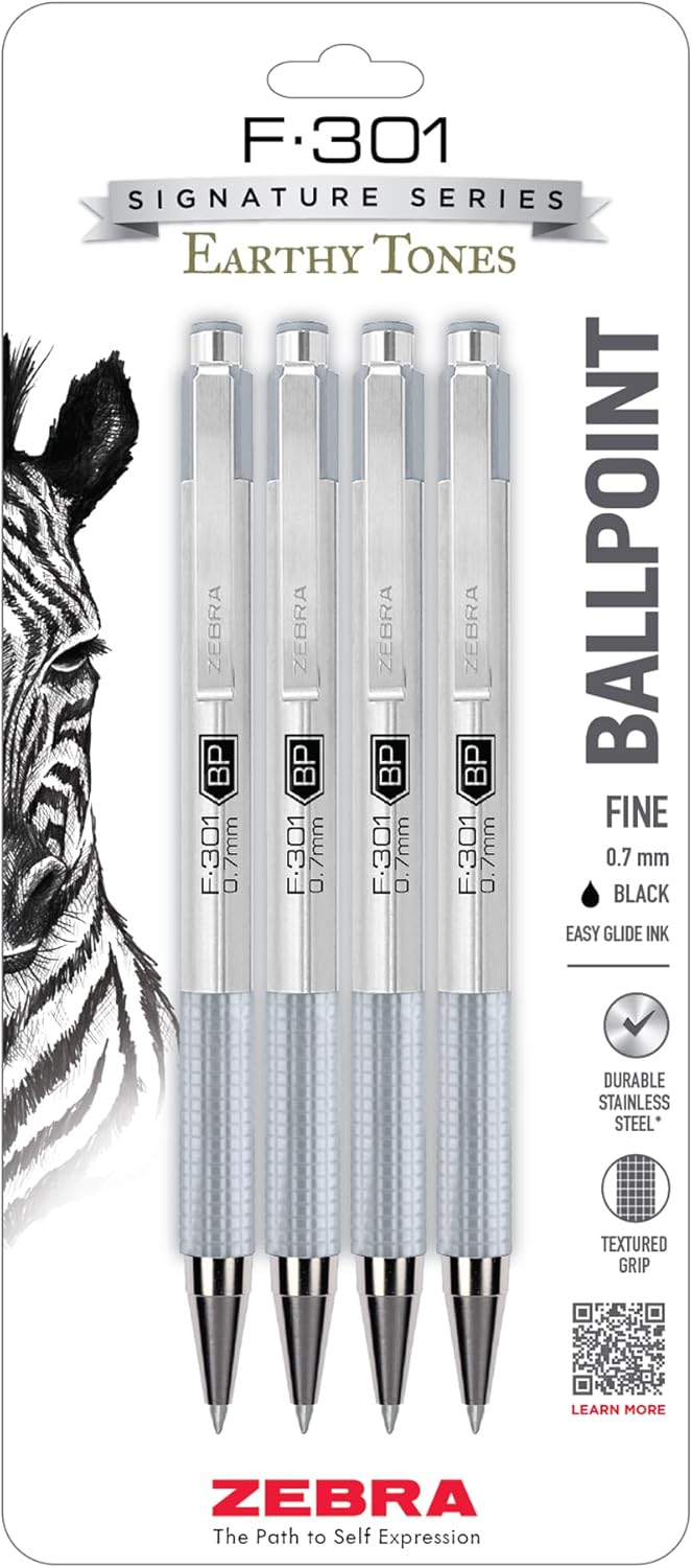Zebra Pen F-301 Ballpoint Black, Blue, Red and Green Ink, Fine Point 0.7mm Pen, Easy-Glide Ink, Stainless Steel Retractable, Non-Slip Grip, Professional Design, Ideal for Office, 4-Pack (27174)