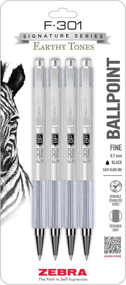Zebra Pen F-301 Ballpoint Black, Blue, Red and Green Ink, Fine Point 0.7mm Pen, Easy-Glide Ink, Stainless Steel Retractable, Non-Slip Grip, Professional Design, Ideal for Office, 4-Pack (27174)