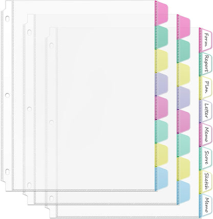 HABGP16PCS/2 Set 3 Ring Clear Binder Dividers with Tabs, 8.5 x 11 8 Tabs Binder Dividers with Pockets, Clear Page Protectors Index Dividers for 3 Ring Binder, Heavy Duty Plastic Sheet Protectors