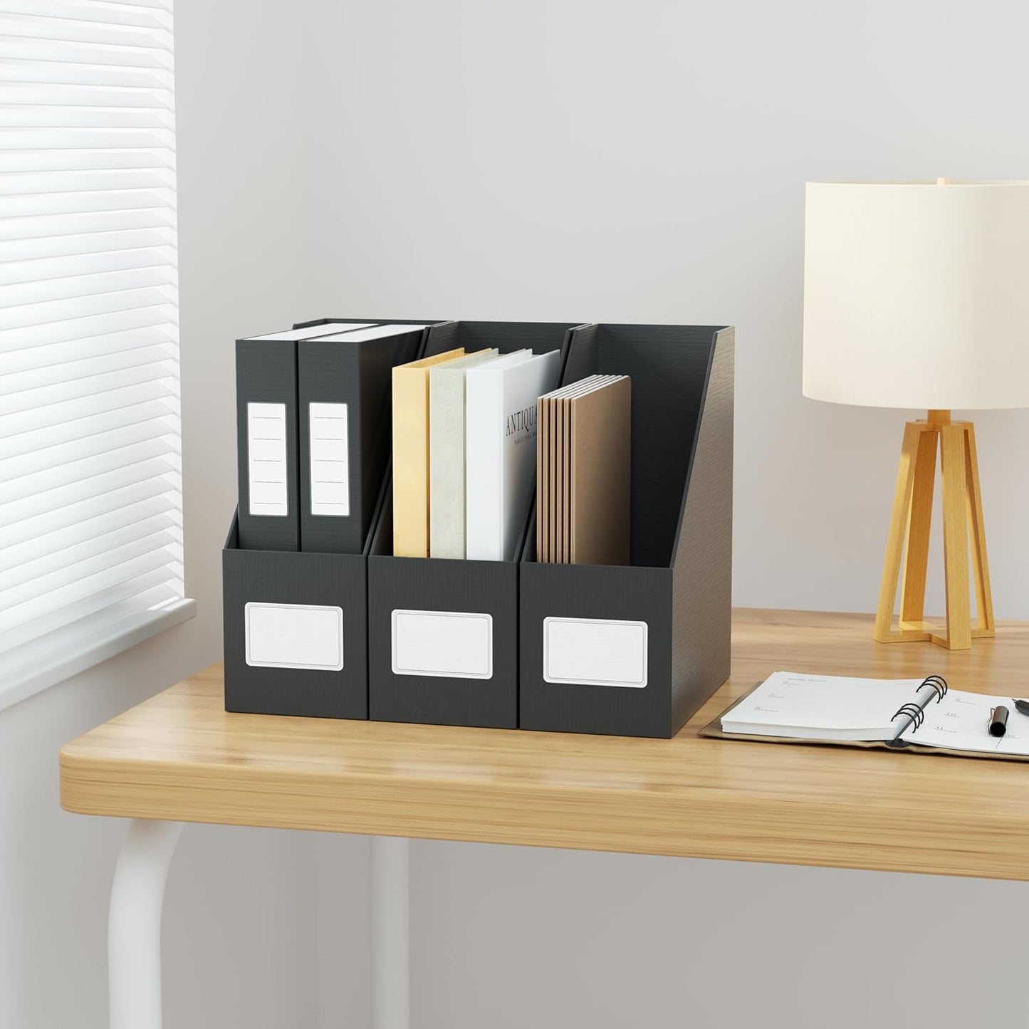 JiaWei White Magazine File Holders, 3 Packs Sturdy Cardboard File Rack, Office Organization Desktop Storage File Box Binder for Shelves and Desk, Folder Holder for Office or Classroom