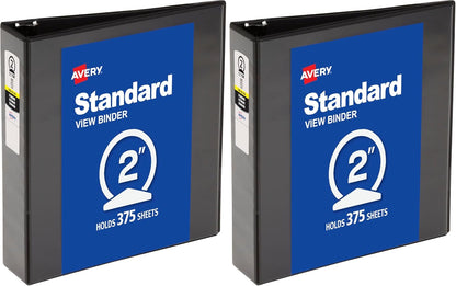 Avery Standard View 3 Ring Binder, 2" Round Rings, 375-Sheet Capacity, 2.8 Inch Wide Spine, 1 Black Binder, Ideal for Lightweight Organization and Occasional Referencing (05781)