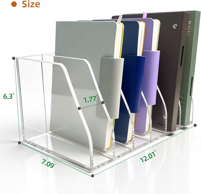 Acrylic Magazine File Holder, 4 Vertical Compartments Desk Document Sorter Organizer, Clear Folder Rack Binder for Office, Tablets, Magazines, Books – Home/Classroom Rack, 5mm Thick