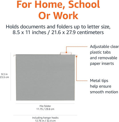 Amazon Basics Hanging File Folders with Adjustable Tabs, Sturdy Expandable Document Organizer, Letter Size 8.5x11 inch, Green, 25-Pack
