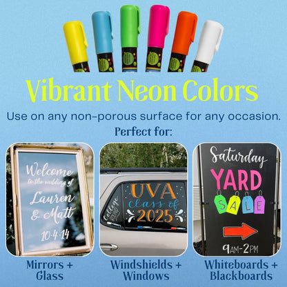 MoodClue Liquid chalk markers 12 neon erasable Whiteboards, glass boards, chalkboards, windows, mirrors, car windshields, auto, glass. Odorless, non-toxic. Wet or dry erase. Thick and thin tip