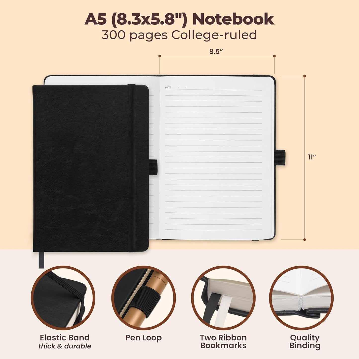 Classic Lined Journal Notebook 8.5x11" A4 Hardcover Leather - Brown - 200 Pages College Ruled Large with Sticky Tabs, Pockets, and Pen Loop for Writing and Journaling - Big Hardback Men and Women