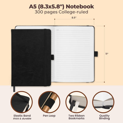 Classic Lined Journal Notebook 8.5x11" A4 Hardcover Leather - Brown - 200 Pages College Ruled Large with Sticky Tabs, Pockets, and Pen Loop for Writing and Journaling - Big Hardback Men and Women