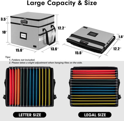 ETRONIK Fireproof Document Box with Lock, 2 Layer File Cabinet Organizer with 5 Tab Inserts, Portable Office Collapsible File Storage with Reflective Strip for Hanging Letter, Legal Size Folder