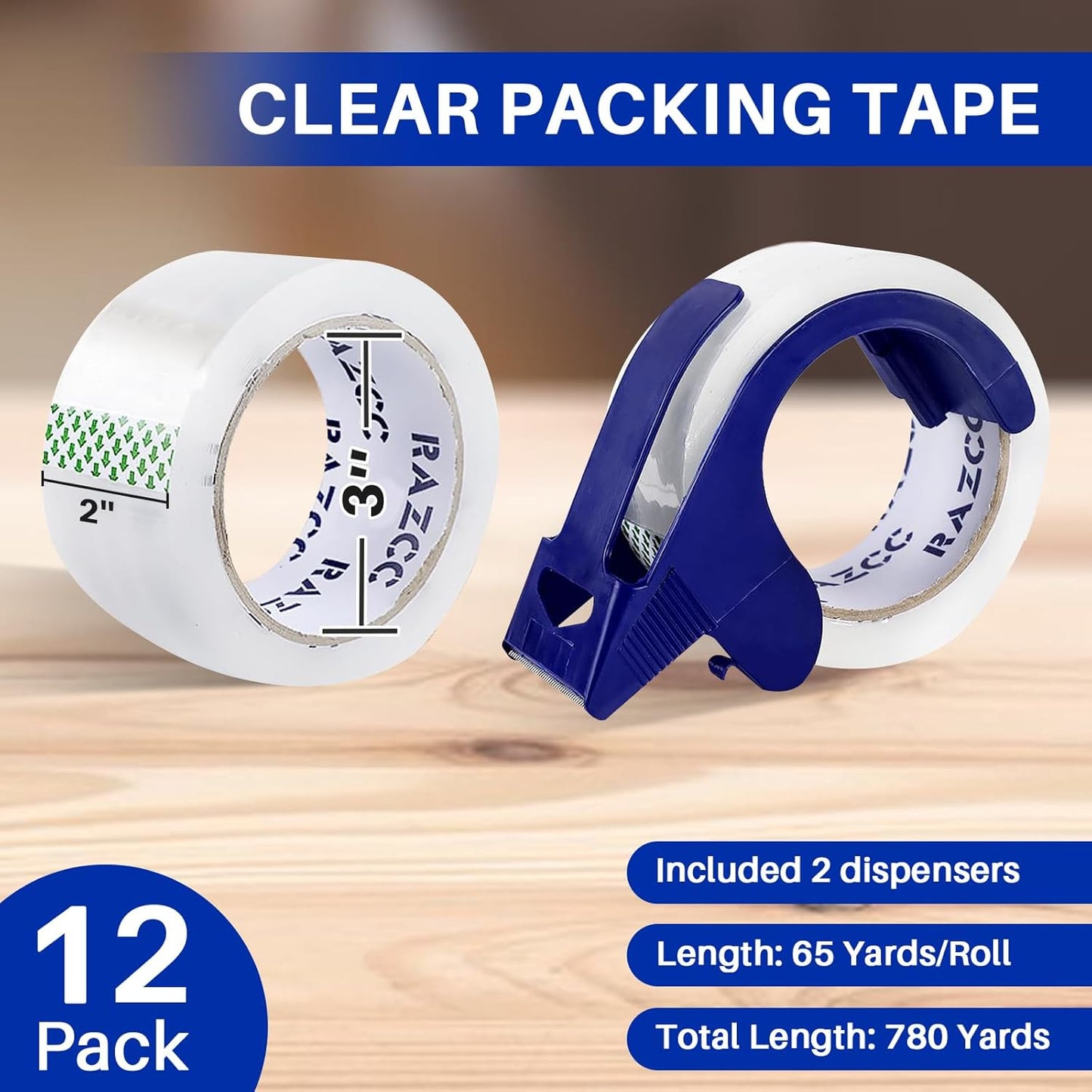 RAZCC Packing Tape, 18 Rolls Clear Heavy Duty Packaging Tape with Dispensers for Packing, Shipping, Moving and Mailing, Thicker Sealing Tape-1.88" x 65 Yards Per Roll, 1170 Total Yards