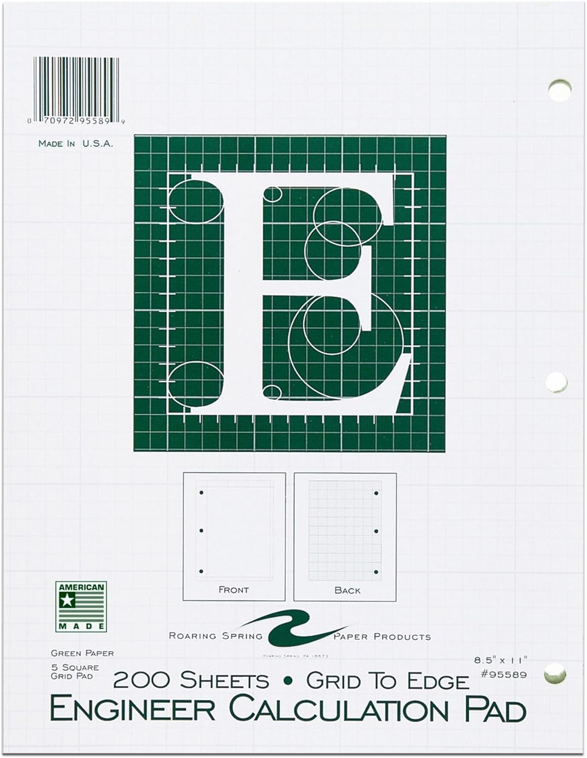 ROARING SPRING Graph Ruled Engineering Pad, Engineering Graph Paper Pad, 5x5 Enclosed Grid, 8.5" x 11", 100 Sheets, 3 Hole Punched, Buff Tinted Sheets, Made in USA