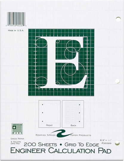 ROARING SPRING Graph Ruled Engineering Pad, Engineering Graph Paper Pad, 5x5 Enclosed Grid, 8.5" x 11", 100 Sheets, 3 Hole Punched, Buff Tinted Sheets, Made in USA