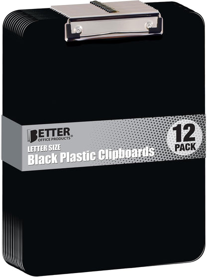 Better Office Products Black Plastic Clipboards, 12 Pack, Durable, 12.5 x 9 Inch, Low Profile Clip, Black, Set of 12