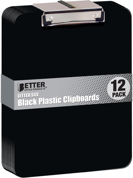 Better Office Products Black Plastic Clipboards, 12 Pack, Durable, 12.5 x 9 Inch, Low Profile Clip, Black, Set of 12